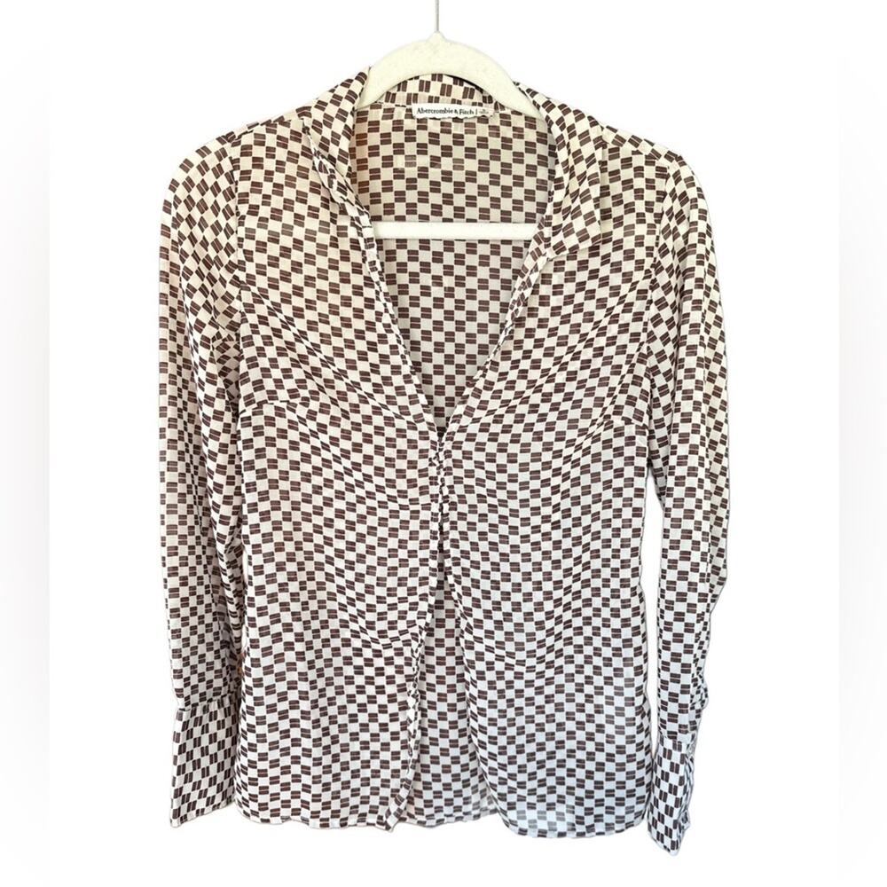 ABERCROMBIE & FITCH Brown and White Sheer Checkered Open Clasp Shirt